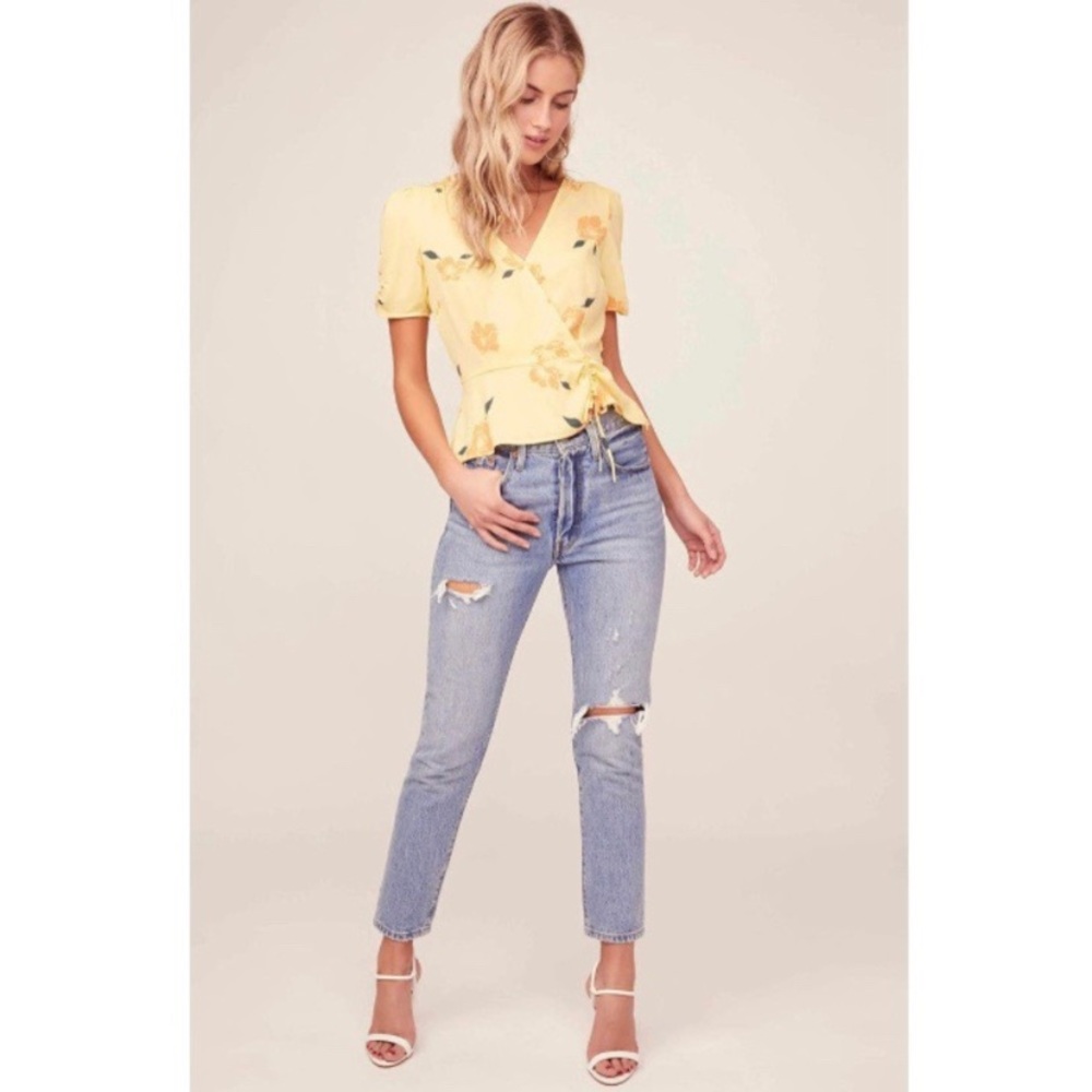 Astr Cinch Sleeve Floral Wrap Top